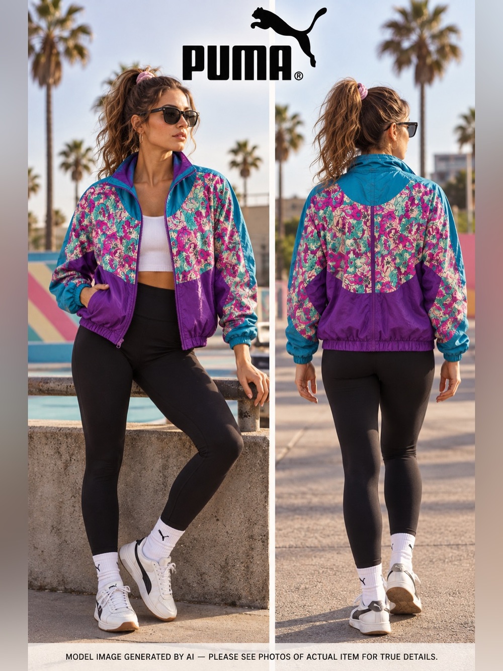 Puma Vintage Windbreaker Jacket Floral Colorblock 80s Retro Medium Festival Rave